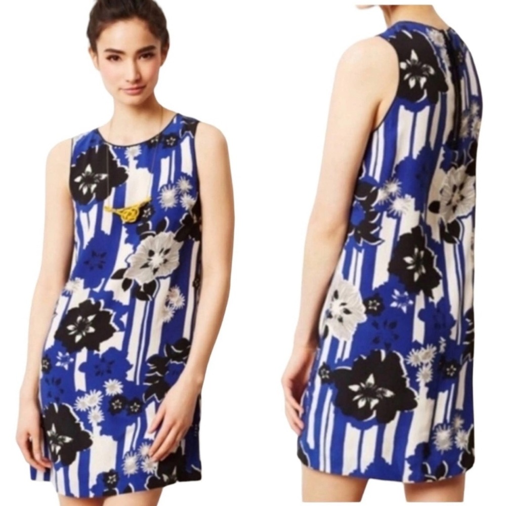 Anthropologie Maeve 100% Silk‎ Shift blue/black floral Dress size 6 above knee